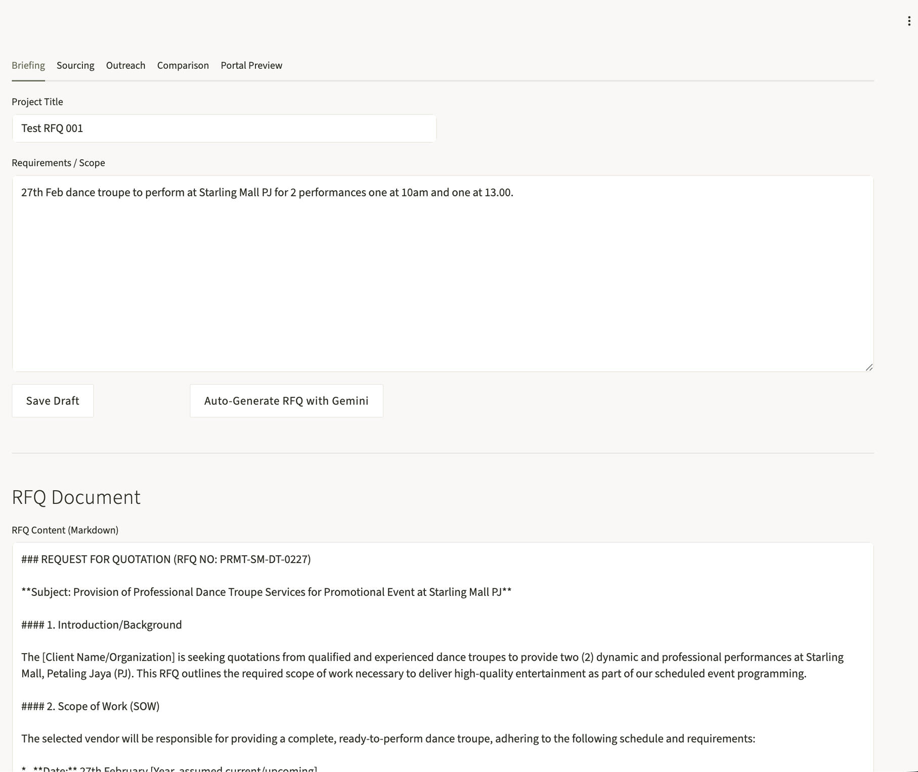 Procurement Automation - enter basic details and a full RFQ is automatically generated.